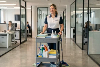 Employée de société de ménage en uniforme poussant un chariot de nettoyage dans un bureau moderne