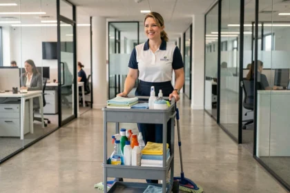 Employée de société de ménage en uniforme poussant un chariot de nettoyage dans un bureau moderne