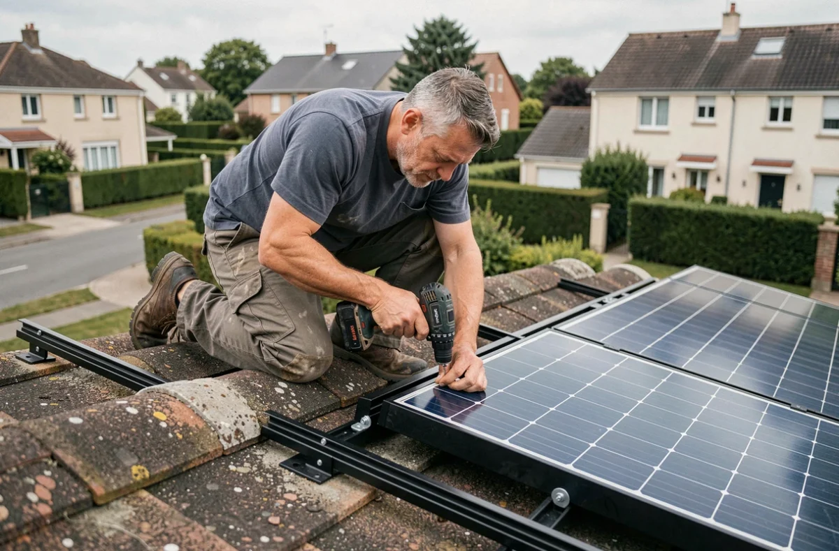 Spécialiste d'Energies Toitures fixant des rails de montage pour panneaux photovoltaïques sur un toit résidentiel en milieu périurbain