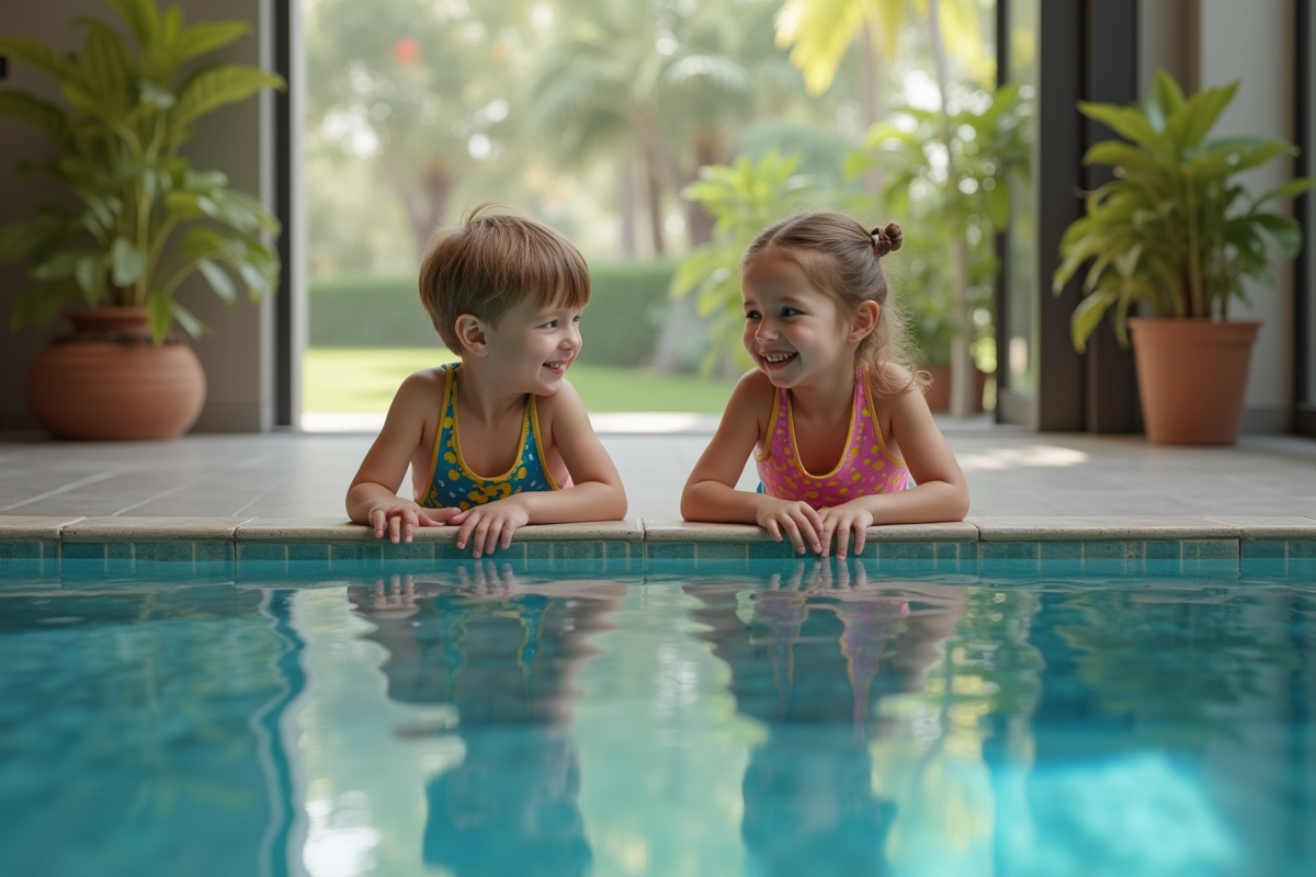 Deux enfants jouant au bord de la piscine intérieure