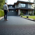Allée de maison individuelle en enrobé drainant gris foncé avec texture poreuse visible et propriétaire admirant le résultat