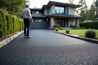 Allée de maison individuelle en enrobé drainant gris foncé avec texture poreuse visible et propriétaire admirant le résultat