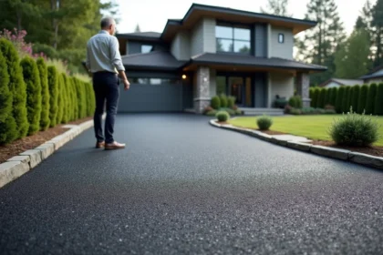 Allée de maison individuelle en enrobé drainant gris foncé avec texture poreuse visible et propriétaire admirant le résultat