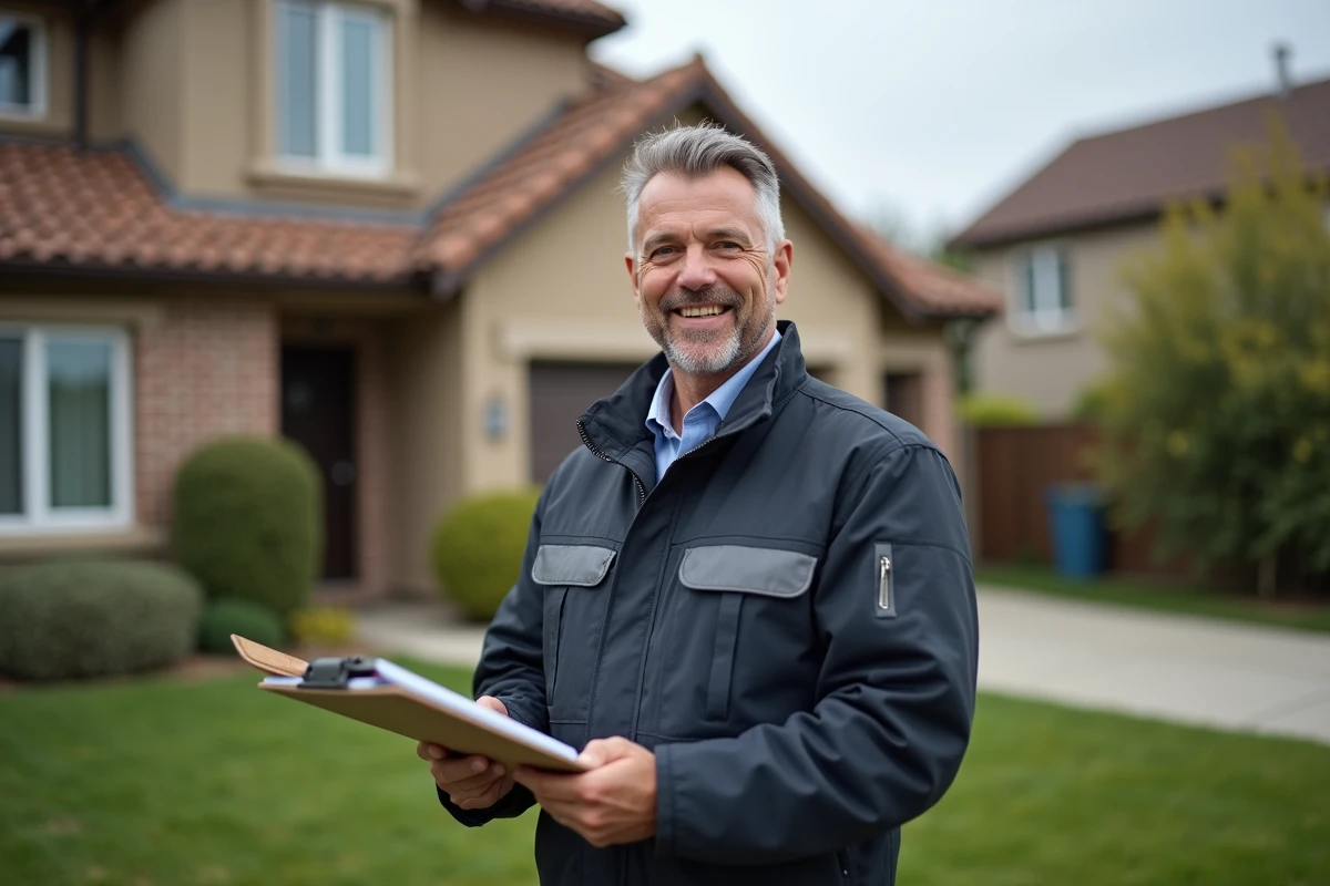 Entrepreneur en extérieur avec devis devant maison