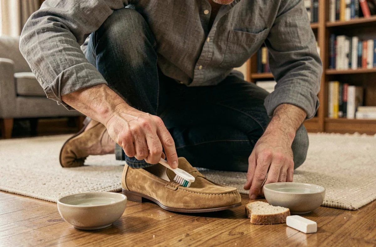 Homme nettoyant une chaussure en daim marron avec une vieille brosse à dents et une gomme blanche sur un parquet