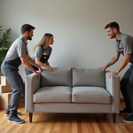 Groupe de déménageurs professionnels en action dans un appartement