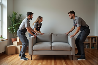 Groupe de déménageurs professionnels en action dans un appartement
