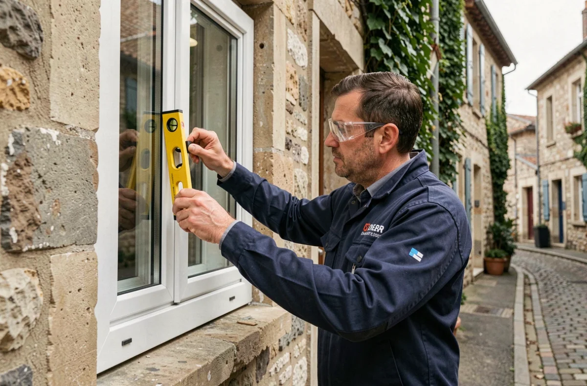 Artisan des Ets Bauquis posant une fenêtre PVC sur une maison en pierre à Vienne