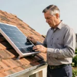 Homme examinant un kit photovoltaïque autonome installé sur le toit d'une maison individuelle