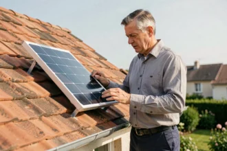 Homme examinant un kit photovoltaïque autonome installé sur le toit d'une maison individuelle
