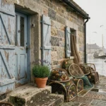 Façade authentique d'une maison de pêcheur en pierre avec volets bleus et filets de pêche, donnant sur un port de village côtier
