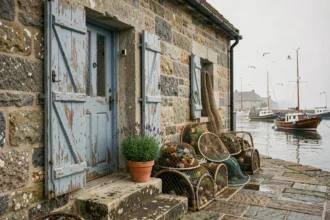 Façade authentique d'une maison de pêcheur en pierre avec volets bleus et filets de pêche, donnant sur un port de village côtier