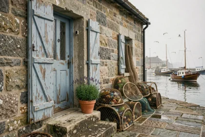 Façade authentique d'une maison de pêcheur en pierre avec volets bleus et filets de pêche, donnant sur un port de village côtier
