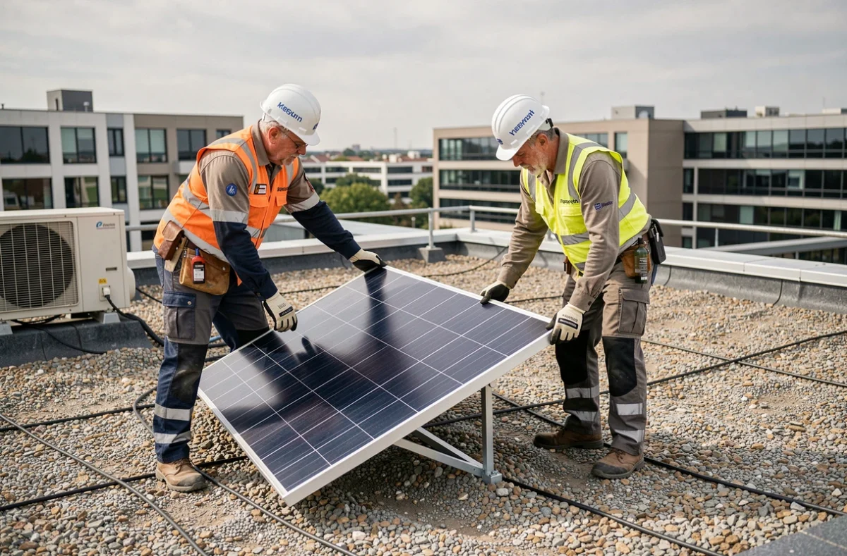 Équipe de FAFCO SAS installant des panneaux solaires sur le toit d'un bâtiment tertiaire en France