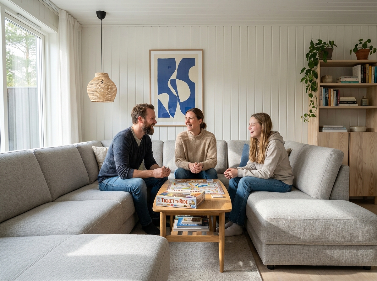 Famille réunie sur un grand canapé panoramique gris clair dans un salon scandinave moderne pour jouer à un jeu de société