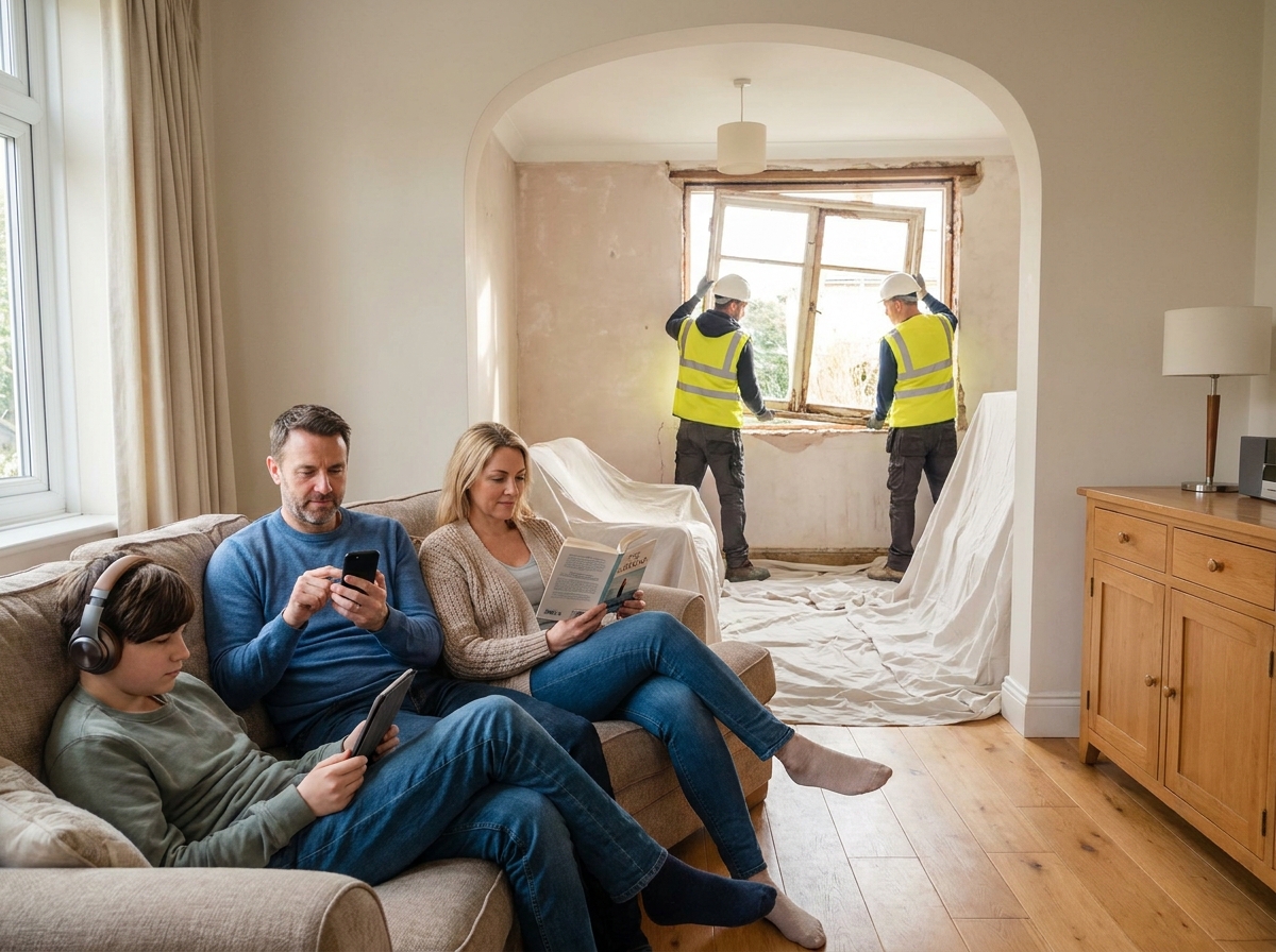 Une famille détendue dans son salon pendant que des artisans remplacent une fenêtre dans la pièce voisine, illustrant un chantier de remplacement de fenêtres sans nuisance pour les occupants