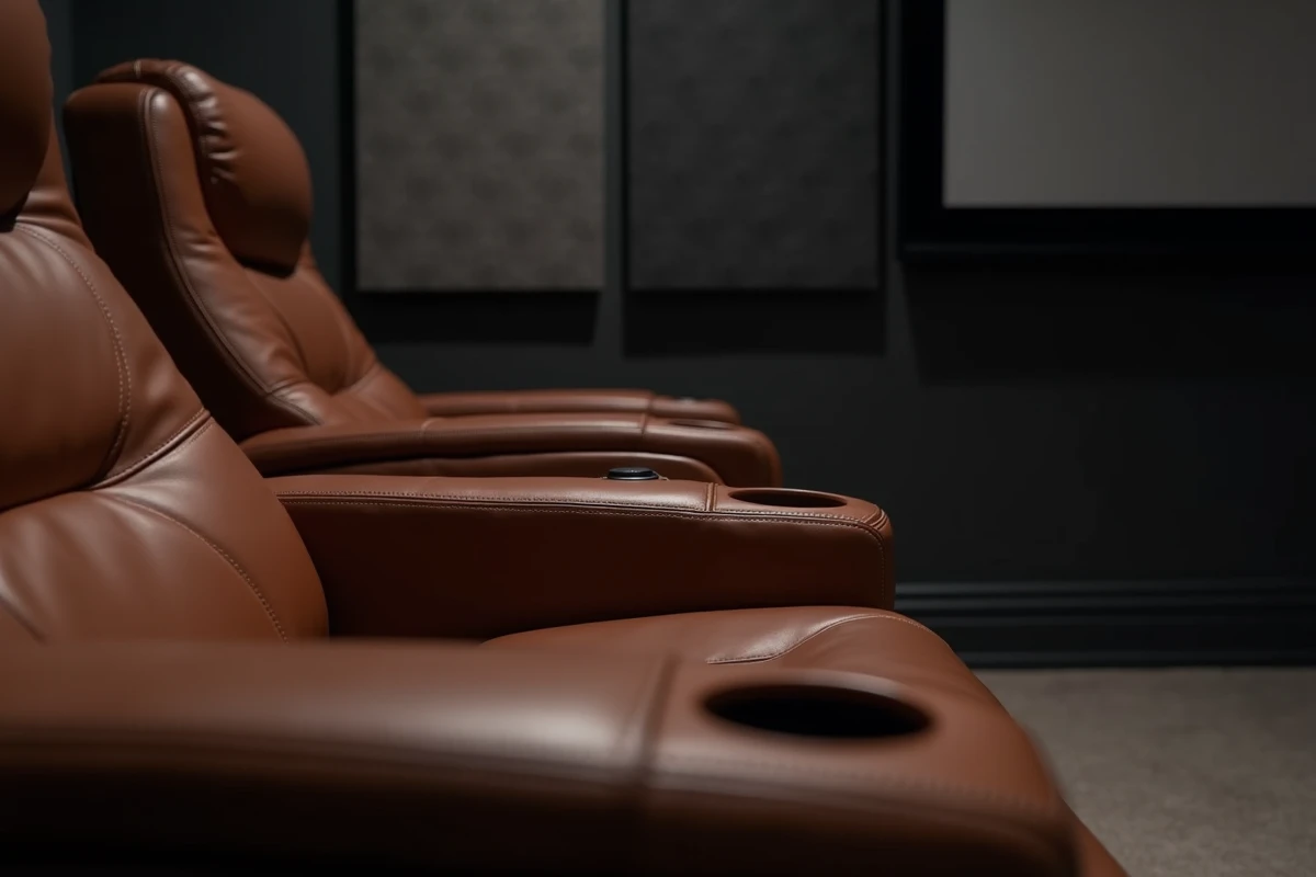 Fauteuil en cuir cognac et panneau acoustique perforé dans une salle de cinéma privée