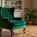 Fauteuil Voltaire rénové tapissé de velours vert émeraude dans un salon classique haussmannien avec cheminée en marbre