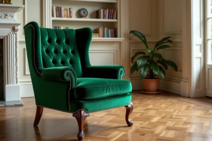 Fauteuil Voltaire rénové tapissé de velours vert émeraude dans un salon classique haussmannien avec cheminée en marbre