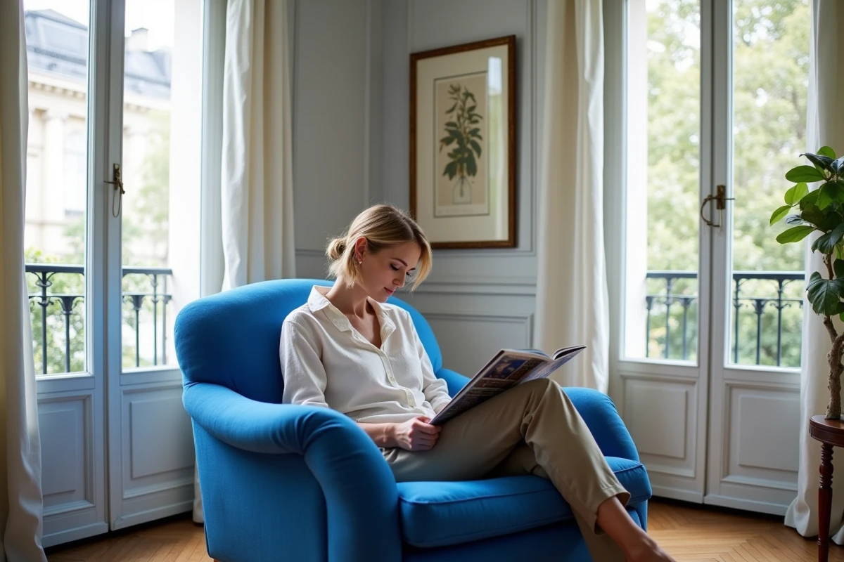 Femme lisant dans un fauteuil Voltaire retapissé en lin bleu cobalt dans un appartement bourgeois français aux murs gris perle