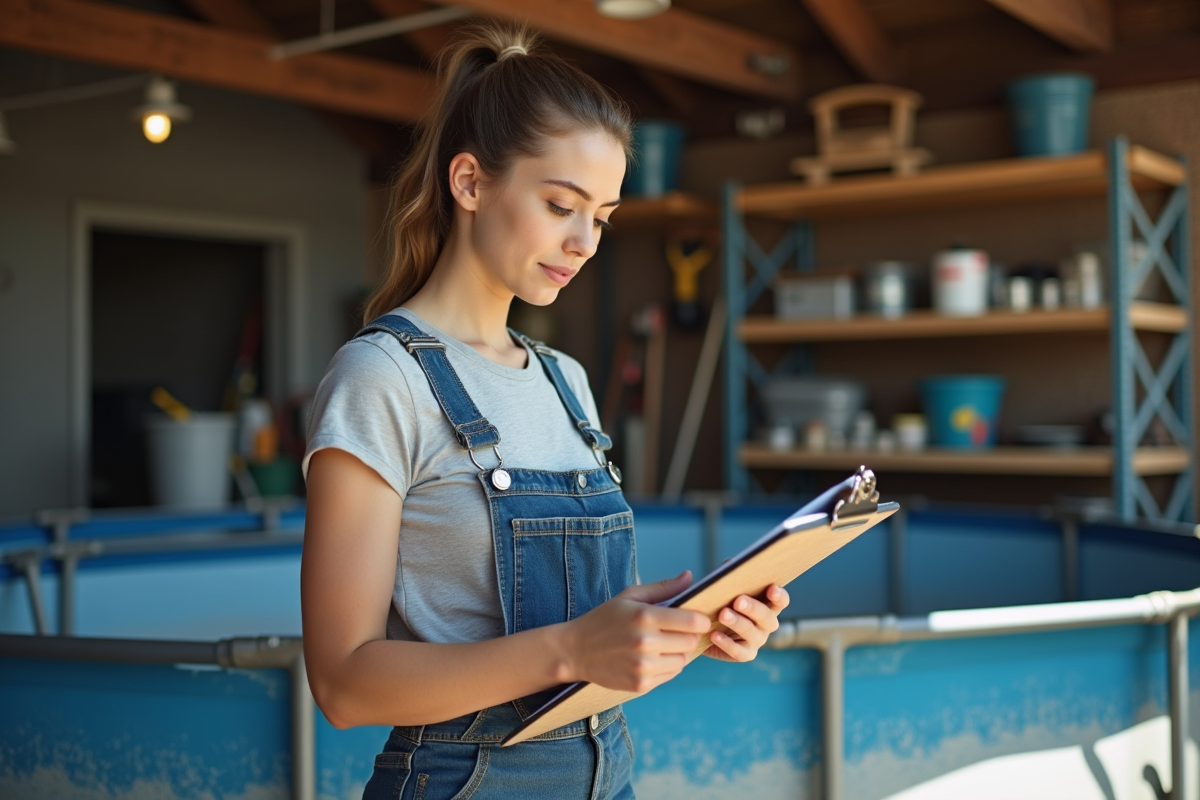 Jeune femme vérifie une liste de maintenance dans le garage
