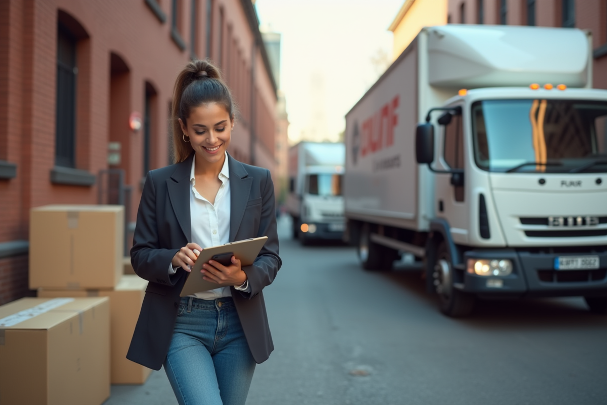 Jeune femme utilisant son smartphone près d’un camion de déménagement