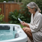 Femme en peignoir testant l'eau d'un spa extérieur