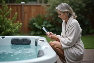 Femme en peignoir testant l'eau d'un spa extérieur