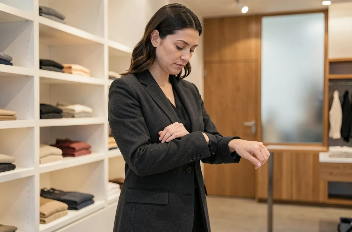 Femme examinant la doublure d'un blazer en laine Equation dans une boutique contemporaine