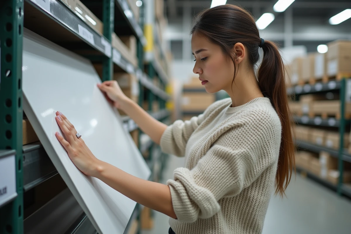 Jeune femme examinant des échantillons de plastique