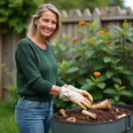 Femme en jardinage ajoutant des os de poulet au compost