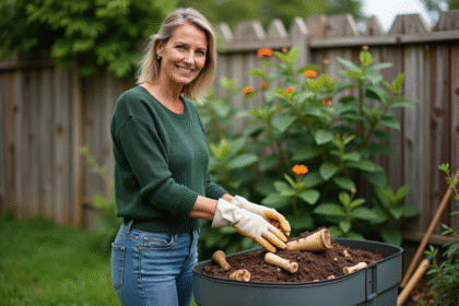 Femme en jardinage ajoutant des os de poulet au compost
