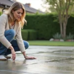 Femme réfléchissant au béton dans son jardin