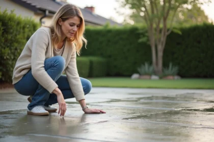 Femme réfléchissant au béton dans son jardin