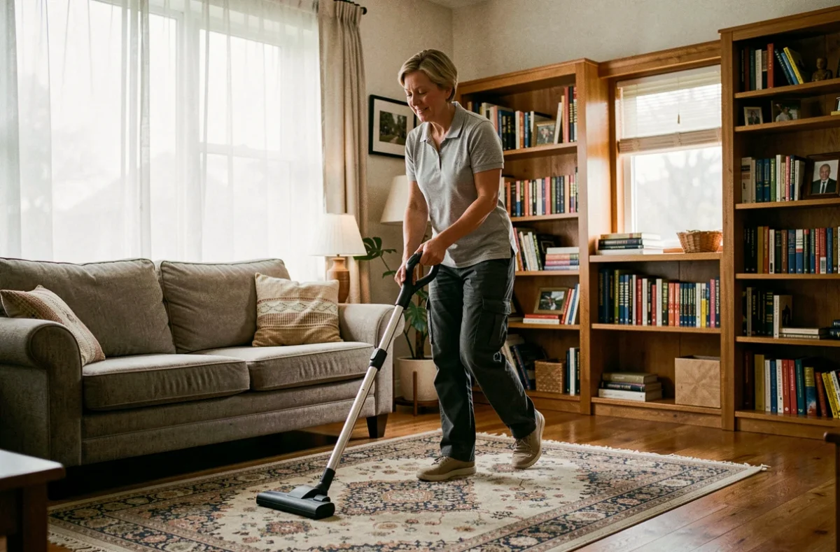 Femme de ménage passant l'aspirateur dans un salon cosy avec bibliothèque