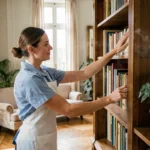 Femme de ménage professionnelle époussetant une bibliothèque dans un appartement de style parisien à Meudon
