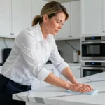 Femme de ménage professionnelle nettoyant un plan de travail dans une cuisine moderne