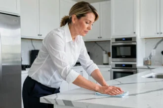 Femme de ménage professionnelle nettoyant un plan de travail dans une cuisine moderne
