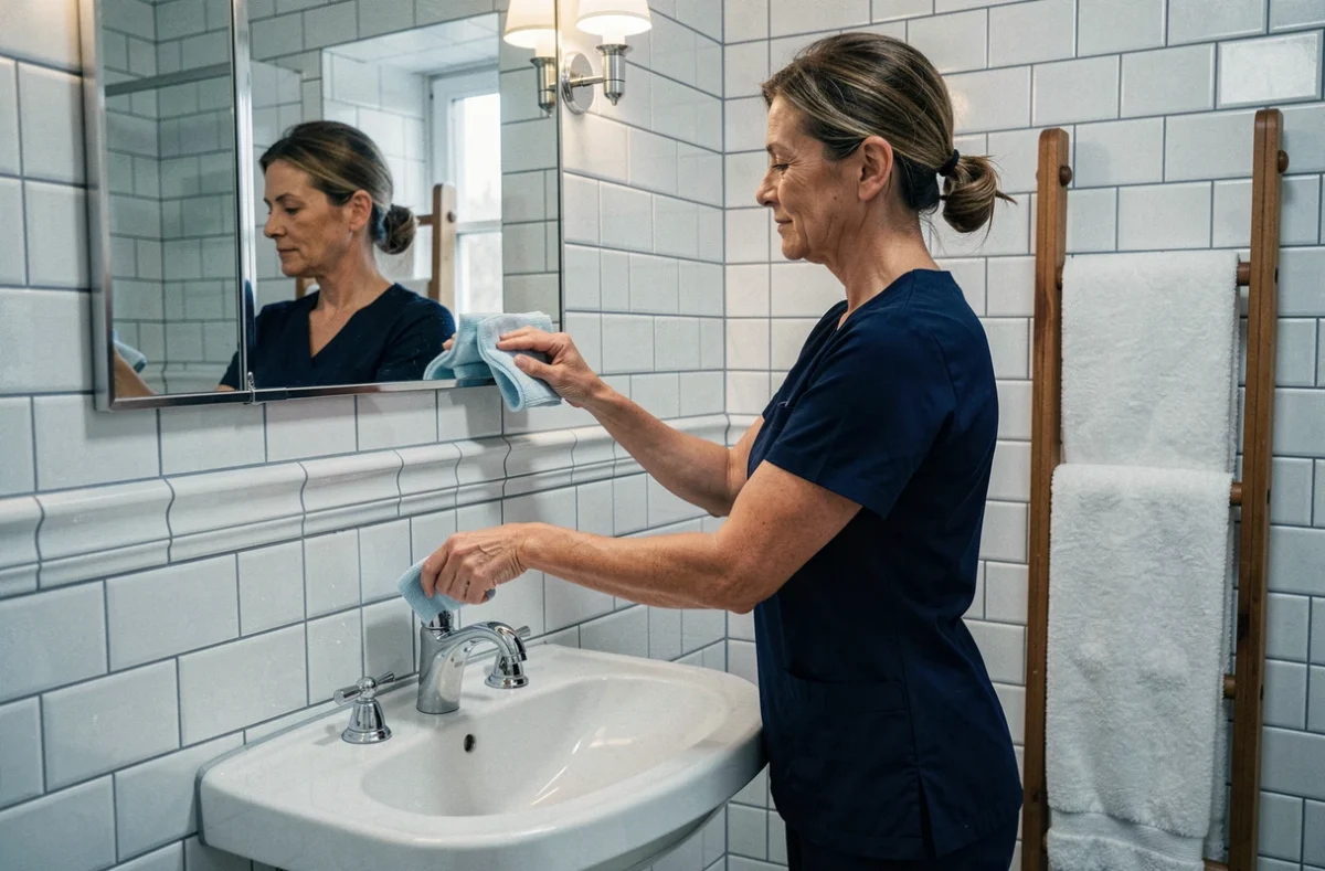 Femme de ménage professionnelle nettoyant le miroir d'une salle de bain classique dans une maison à Meudon
