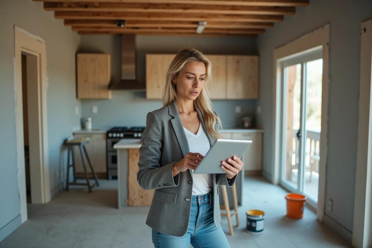 Une femme consulte un site de devis travaux sur tablette dans une cuisine en cours de rénovation, évaluant la fiabilité d'un prix anormalement bas