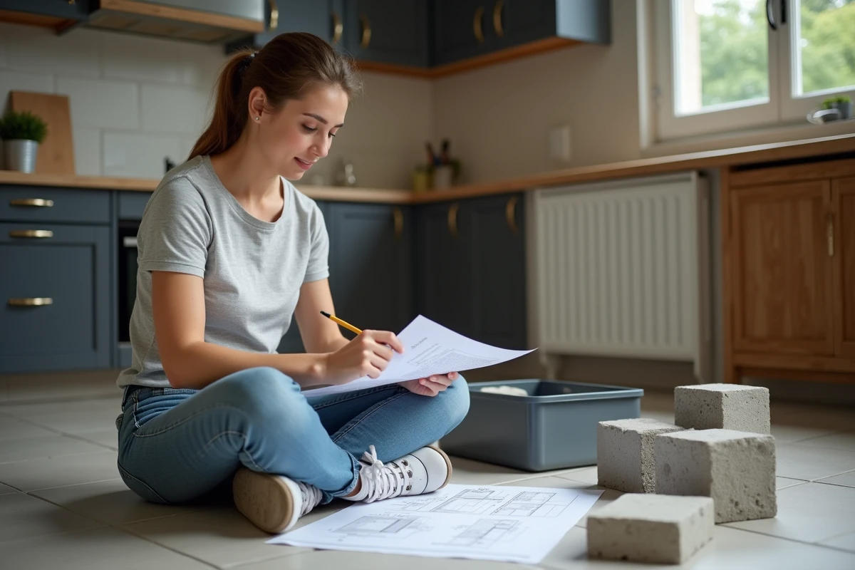Jeune femme vérifiant un plan de mesure avec blocs de béton