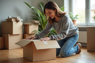 Femme emballant un carton dans un salon lumineux