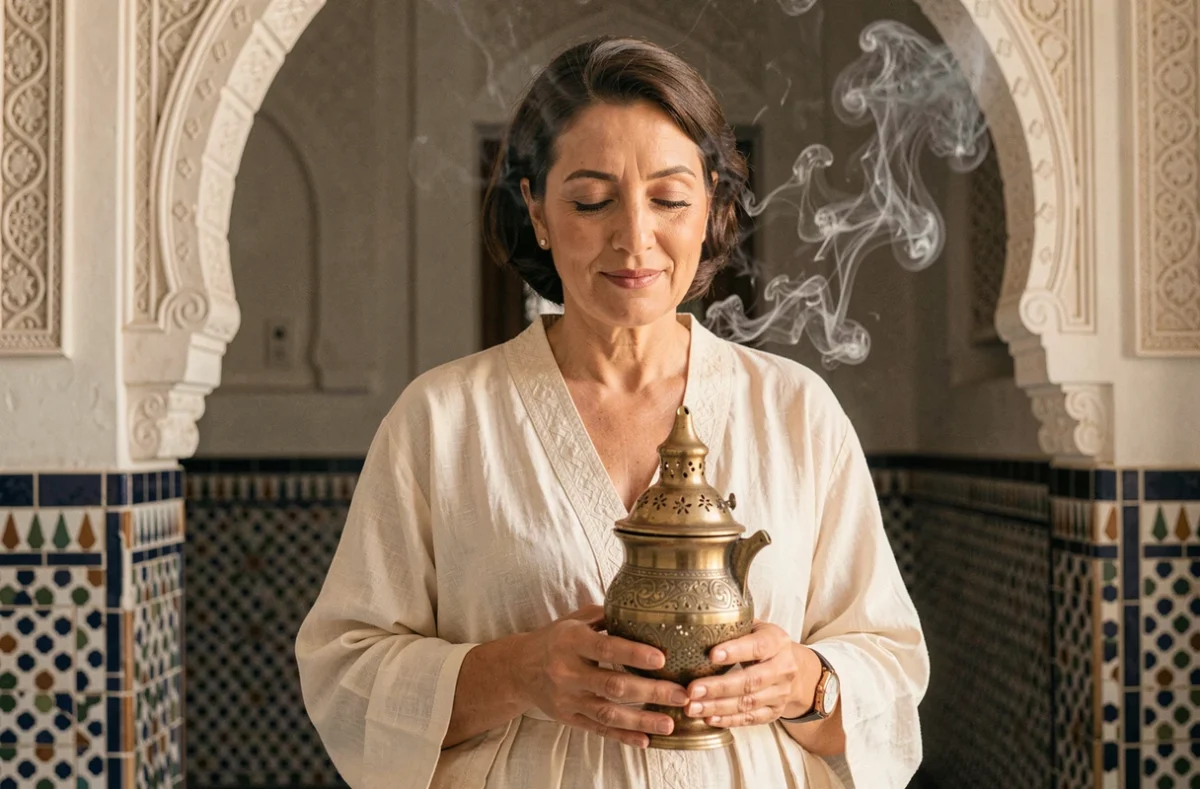 Femme portant un mabkhara en laiton dans un salon marocain traditionnel, encens arabe au oud parfumant l'espace