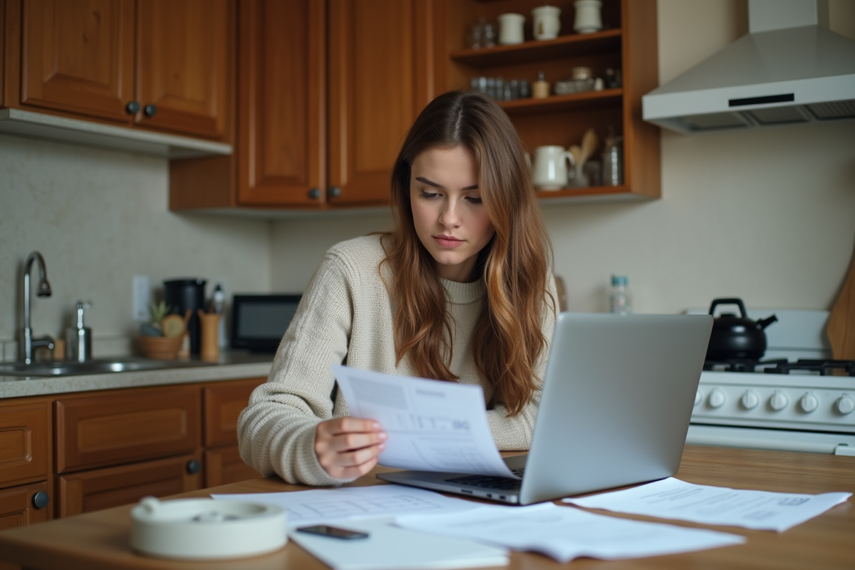 Jeune femme vérifiant une estimation de plomberie à la maison
