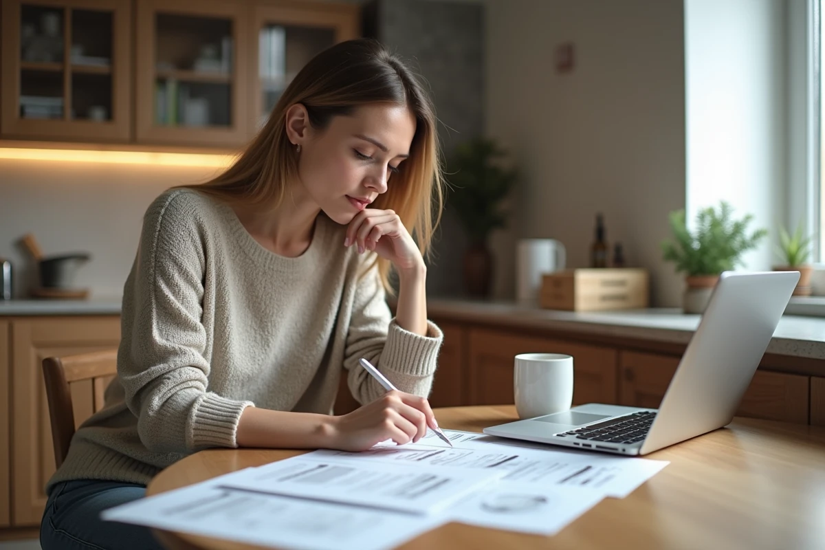Femme réfléchissant à des devis de rénovation cuisine