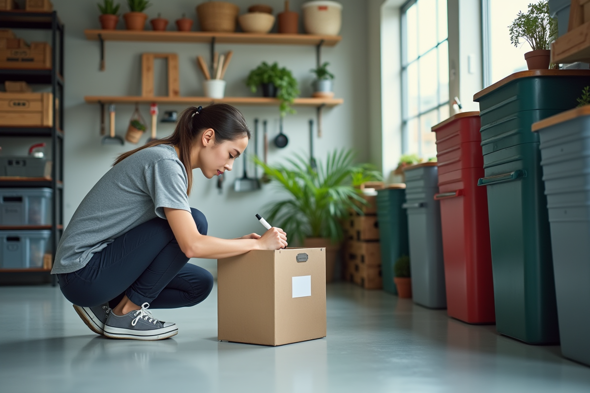 Jeune femme étiquetant une boîte dans un garage lumineux