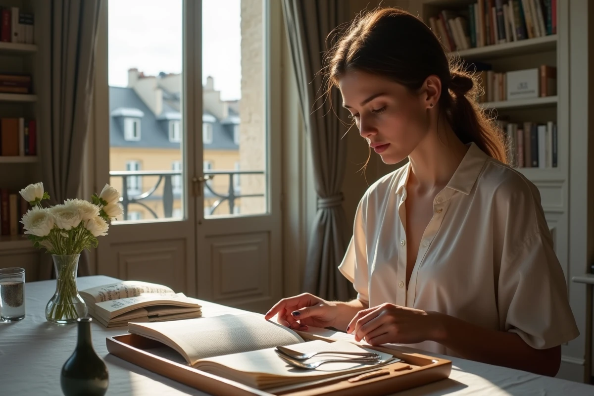 Jeune femme étudie des couverts en argent dans un appartement parisien
