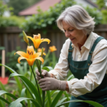 Femme d'âge moyen en vêtements de jardinage retire des fleurs fanées de lys orientaux