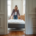 Femme en jeans déplaçant un sommier dans un appartement