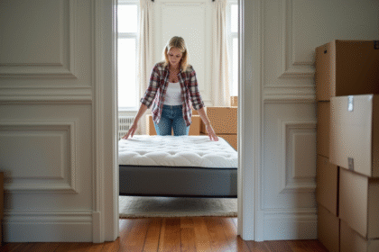 Femme en jeans déplaçant un sommier dans un appartement